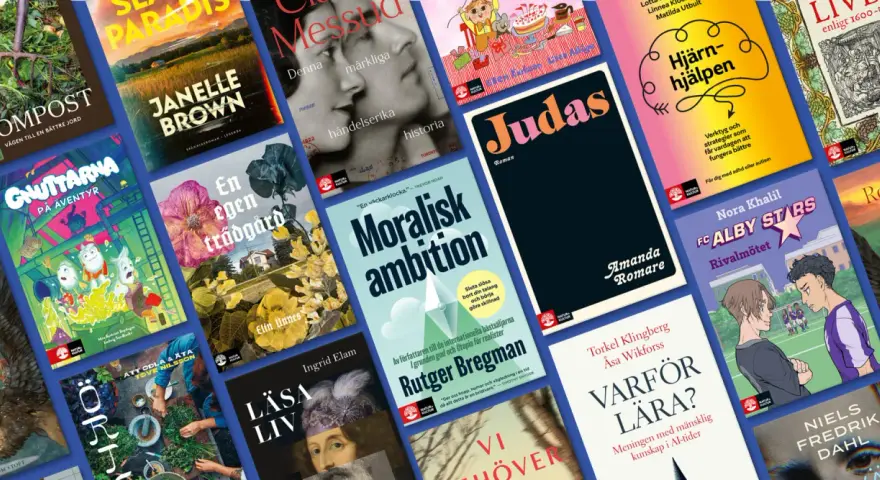 En färgsprakande collage av bokomslag, med titlar som "Judas", "Moralisk ambition" och "Varför lära?". Ett perfekt boktips klassiker för alla bokälskare.