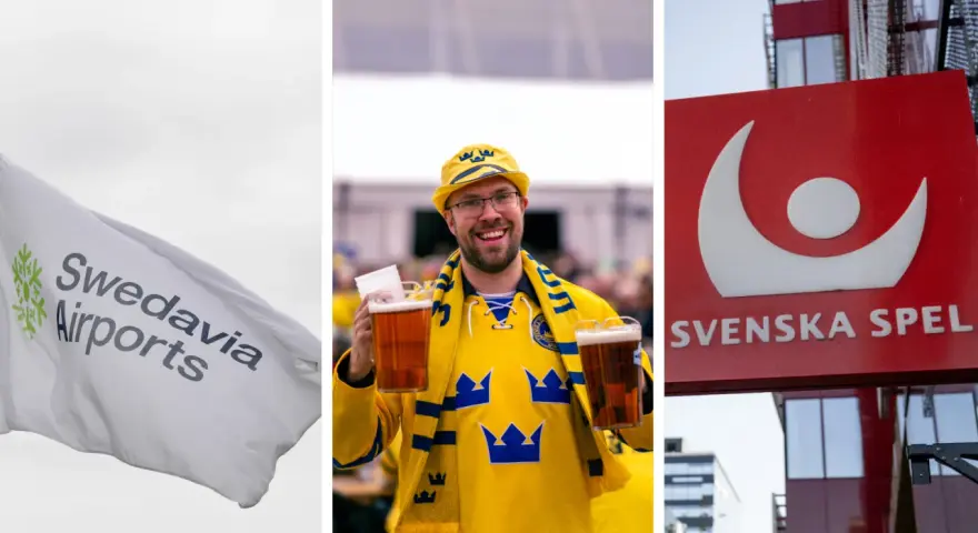 En flagga med Swedavia Airports, en supporter med öl i gulblå tröja, och en skylt för Svenska Spel. Kalla det vad fan du vill, det är Sverige!