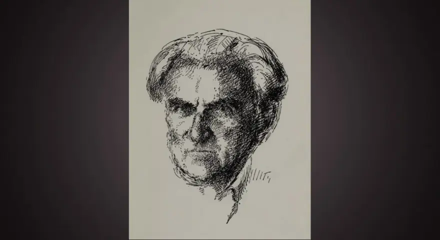En skiss av en äldre mans ansikte, med intensiv blick. Kanske en illustration till en Vilhelm Ekelund dikt.