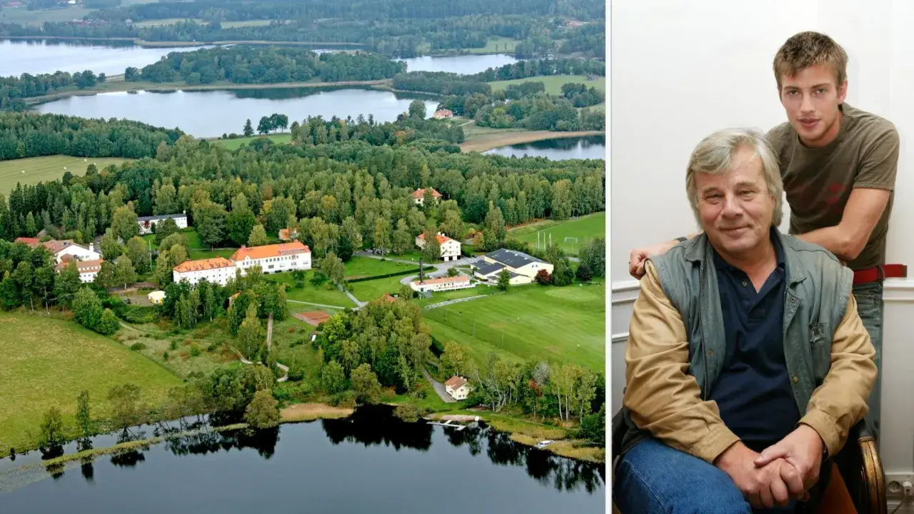 En herrgård vid en sjö, liknande en scen från en ondskan bok sammanfattning, med två män.