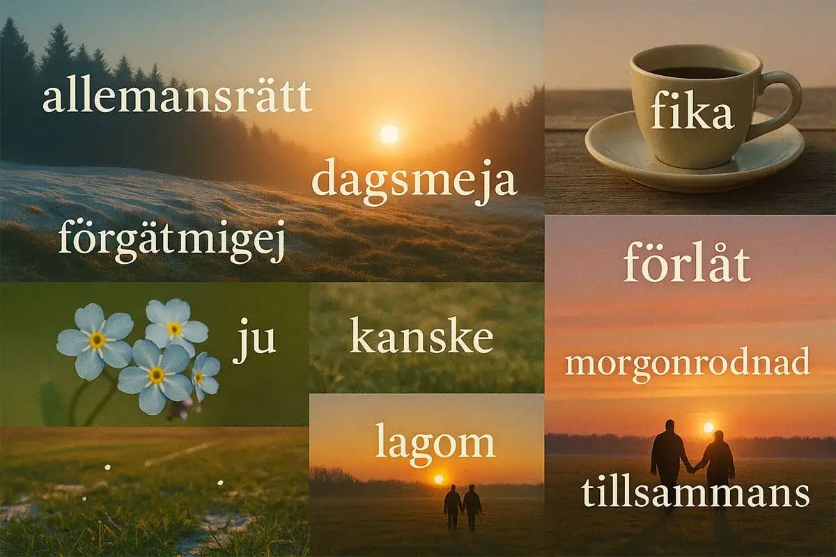 En collage med svenska ord som 