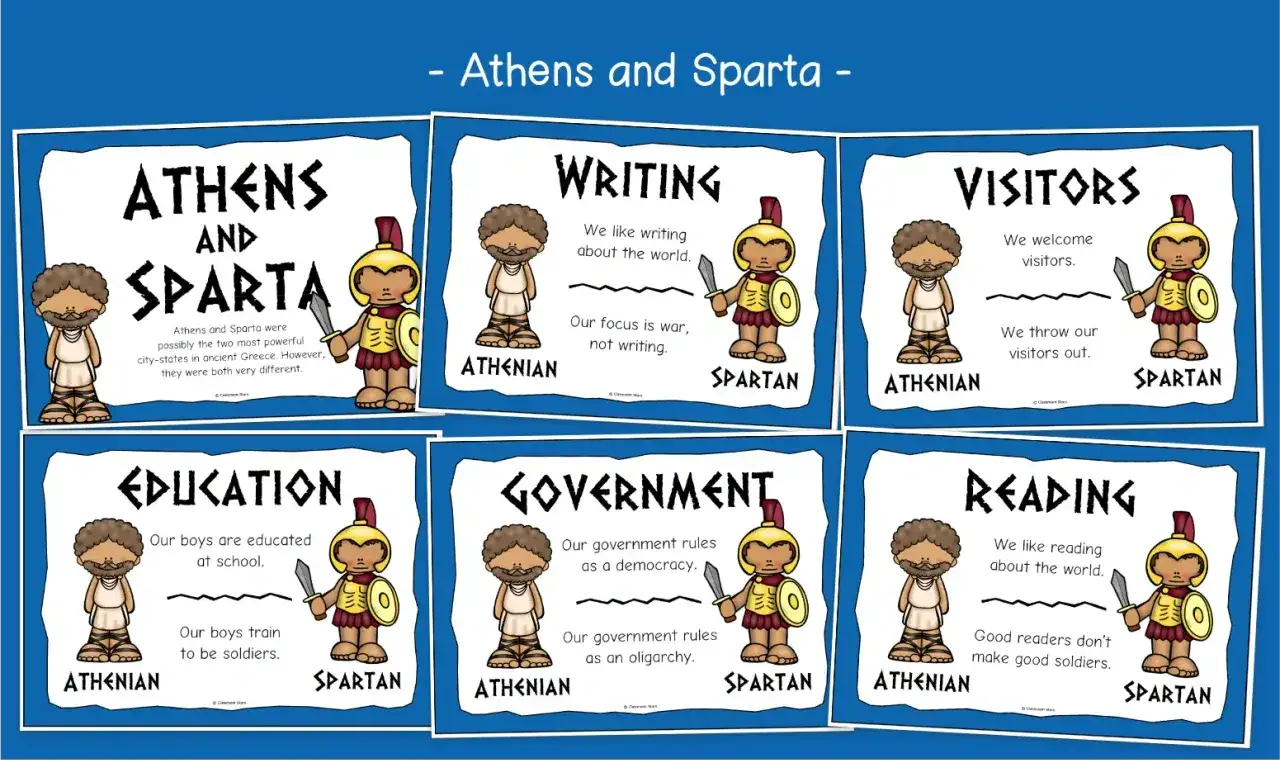 Affischer som j&auml;mf&ouml;r Aten och Sparta, med illustrationer av athenare och spartaner. En visuell introduktion till grekisk kultur.