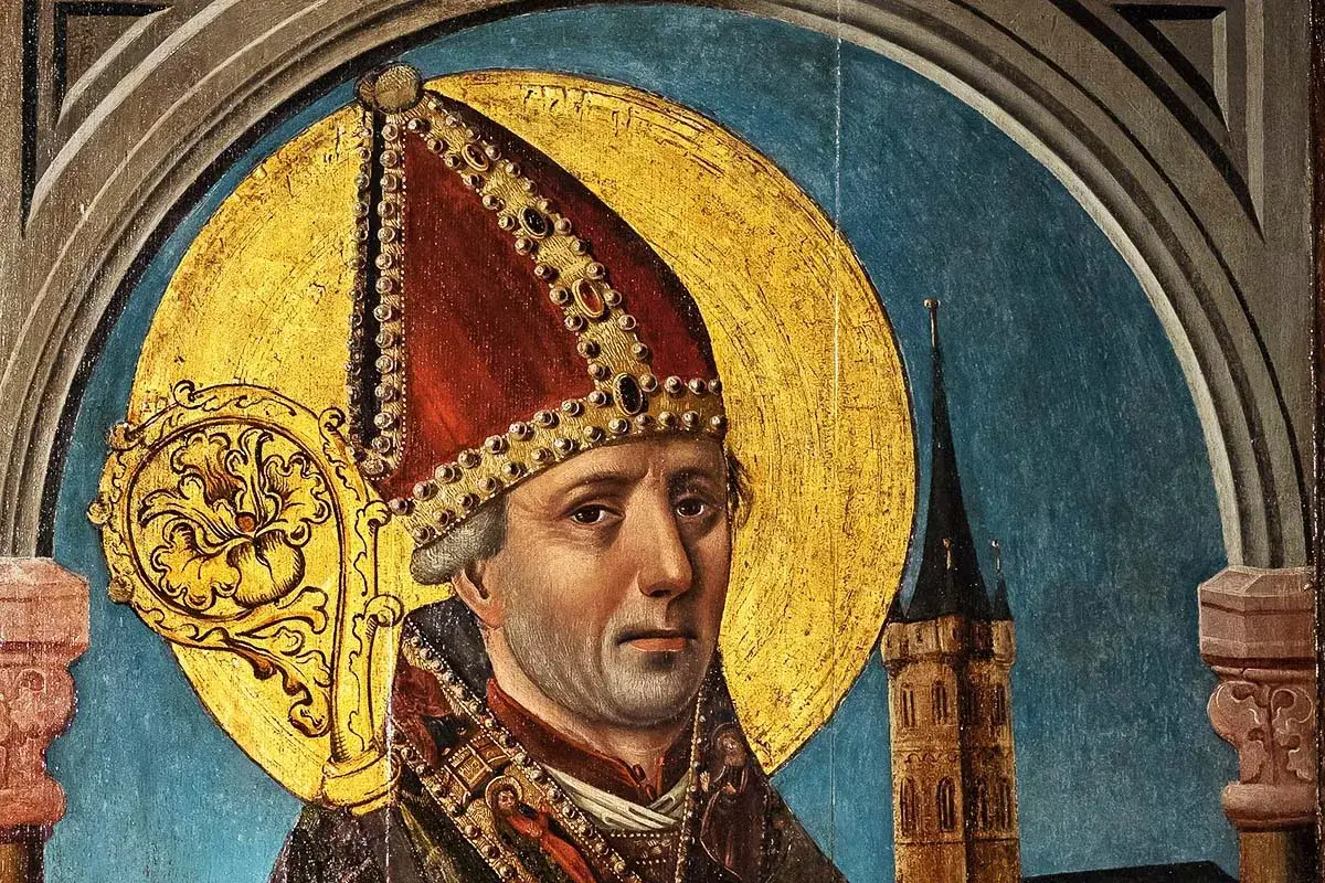 En biskop med gyllene gloria och en kyrka i bakgrunden, en symbol för kristnandet av Sverige.