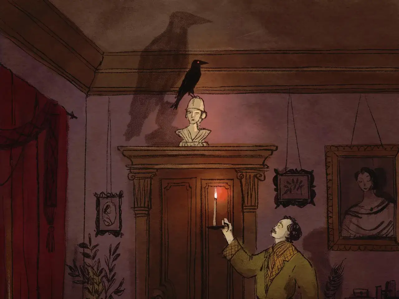 En man med ljus ser upp på en korp som sitter på en byst. Korpen kastar en stor skugga, som påminner om Edgar Allan Poes dikt.