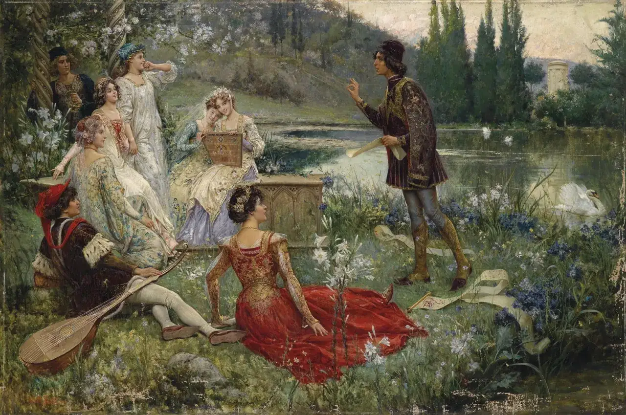 En grupp unga människor samlas vid en sjö, en man läser högt ur ett pergament, kanske inspirerad av Giovanni Boccaccio. Svanar simmar i vattnet.