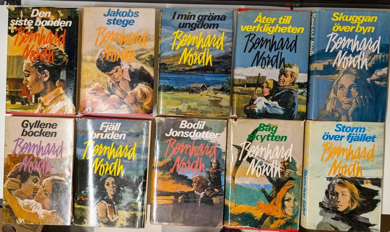 Samling b&ouml;cker av Bernhard Nordh, med romantiska och dramatiska omslag som skildrar k&auml;rlek och &auml;ventyr i svensk milj&ouml;.
