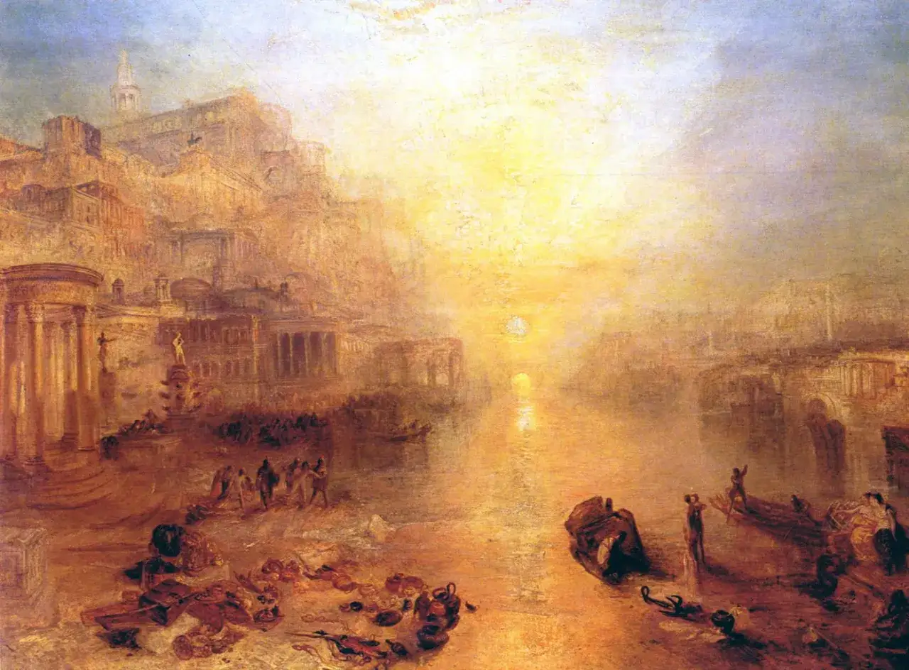 En solnedg&aring;ng &ouml;ver en antik stad vid havet, som om Ovidius sj&auml;lv skrev om dess sk&ouml;nhet. M&auml;nniskor och b&aring;tar syns vid stranden.