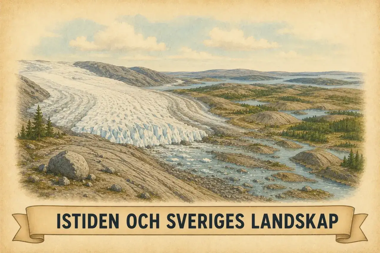 En mäktig glaciär rinner ner mot ett skärgårdslandskap, en påminnelse om istiden och Sveriges långa historia.