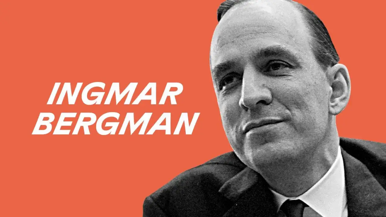 Portr&auml;tt av Ingmar Bergman, med texten 