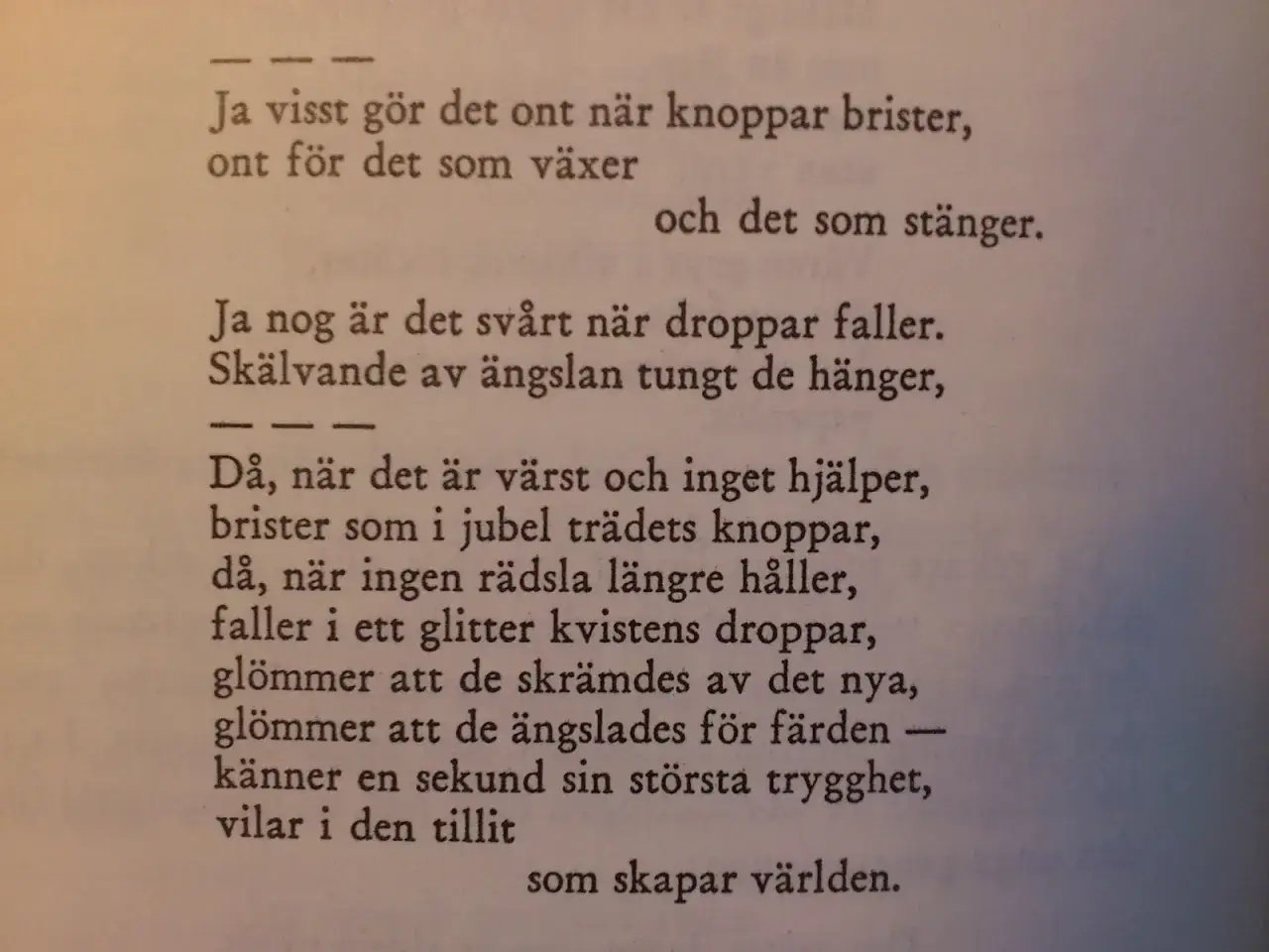 Texten beskriver hur det gör ont när knoppar brister, men också hur det kan vara svårt när droppar faller. Det är en dikt om livets övergångar.