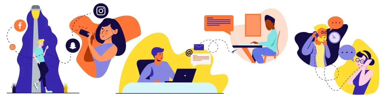Illustration visar hur folk kommunicerar digitalt, från sociala medier till samtal. Det är en visuell representation av hur slang i svenska språket sprids snabbt.