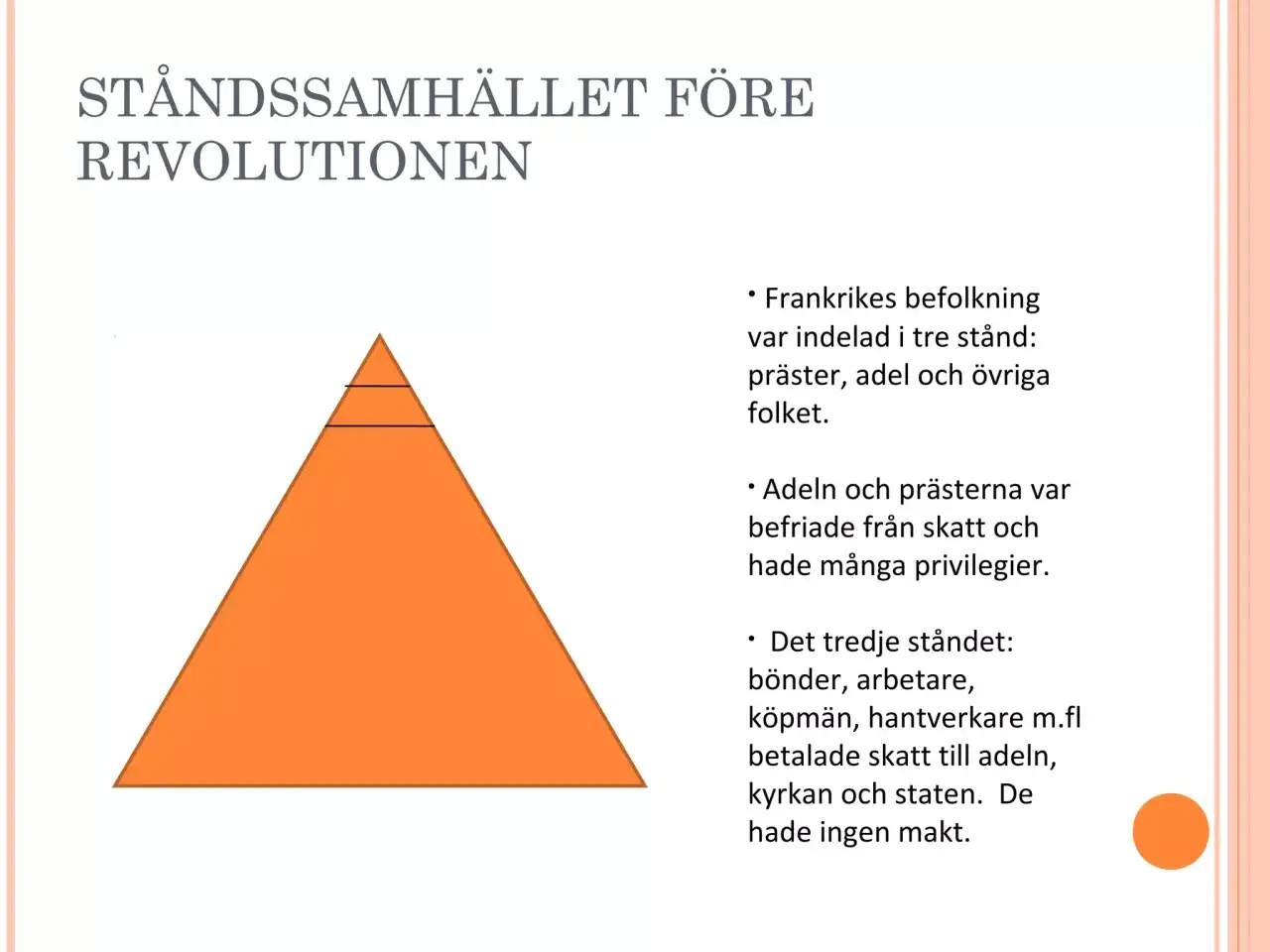 Bilden visar Frankrikes st&aring;ndssamh&auml;lle f&ouml;re revolutionen, en pyramid som illustrerar de tre st&aring;nden och deras oj&auml;mlika privilegier, en av orsakerna till franska revolutionen.