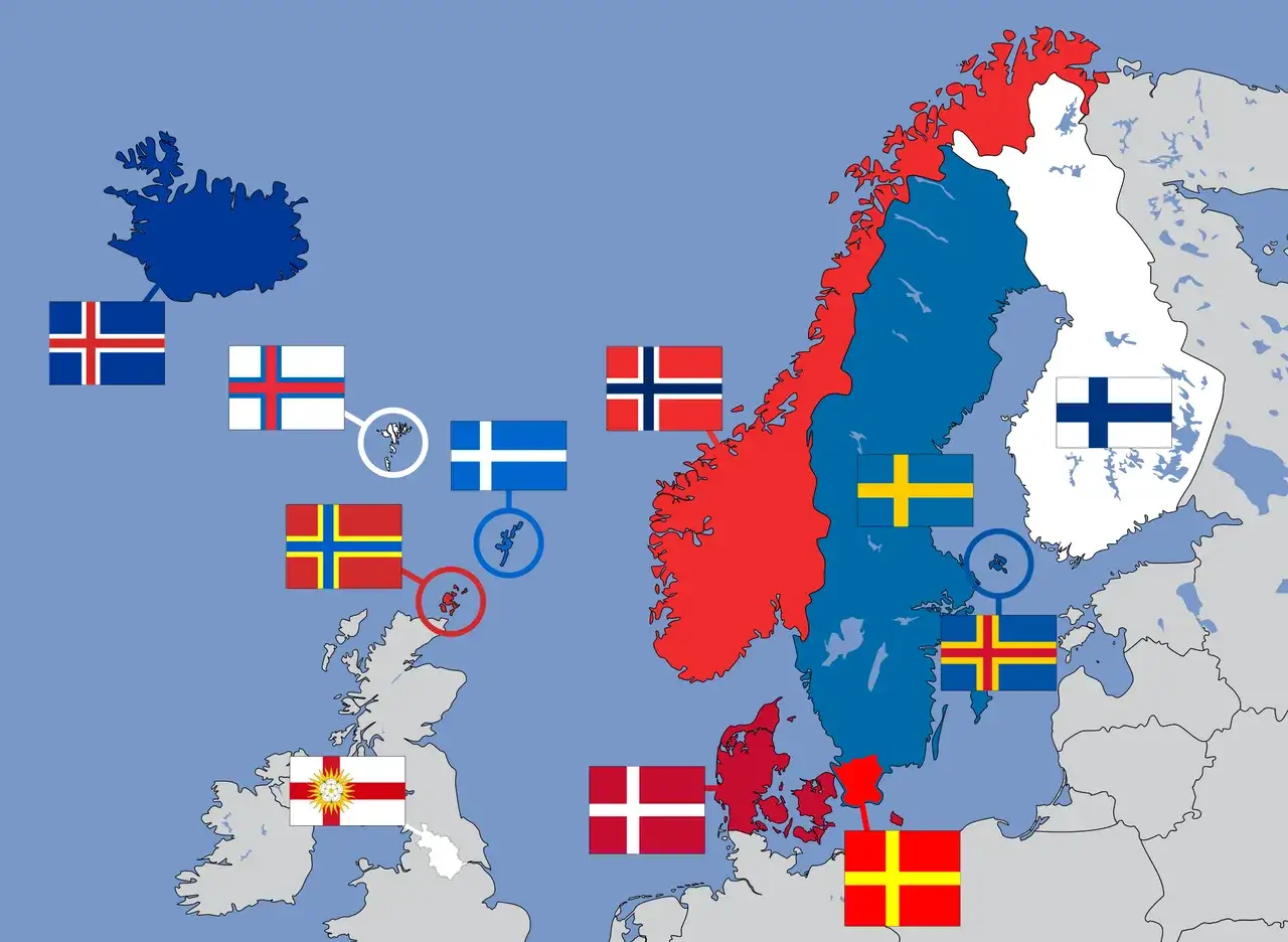 Karta över Norden med flaggor som representerar olika länder och regioner, illustrerar språk i norden.