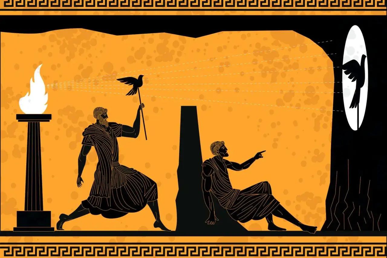 Illustration av grottan från Platon filosofi. En fånge pekar på skuggor på väggen, en annan visar en fågel.