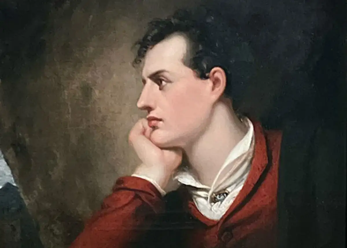 Porträtt av Lord Byron, en berömd poet vars lord byron dikt inspirerade generationer. Hans tankfulla blick och röda jacka fångar essensen av romantiken.