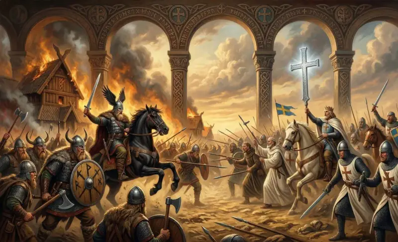 Strid mellan vikingar och kristna riddare under kristnandet av Sverige. Brinnande hus och en lysande korssymbol.