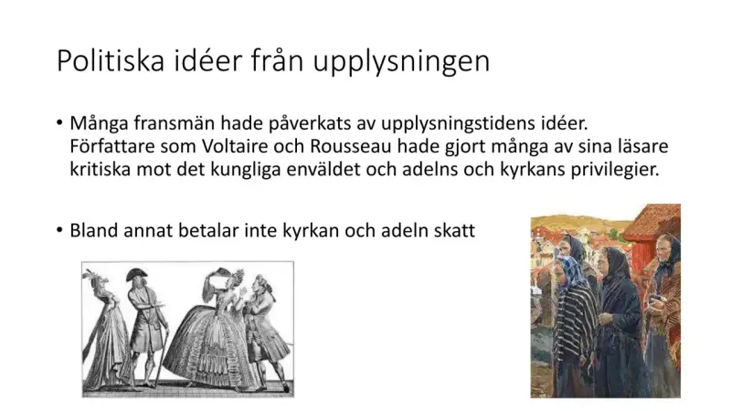 Upplysningens idéer, som kritiserade kungamakt och privilegier, var orsaker till franska revolutionen. Bilden visar samtida illustrationer.