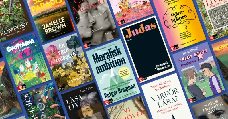 En färgsprakande collage av bokomslag, med titlar som "Judas", "Moralisk ambition" och "Varför lära?". Ett perfekt boktips klassiker för alla bokälskare.